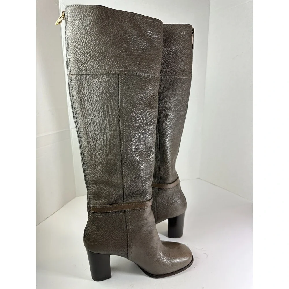 Tory Burch Pebbled Leather Zip Tall Block Heel Buckle Boots Gray 6M Quiet Luxury